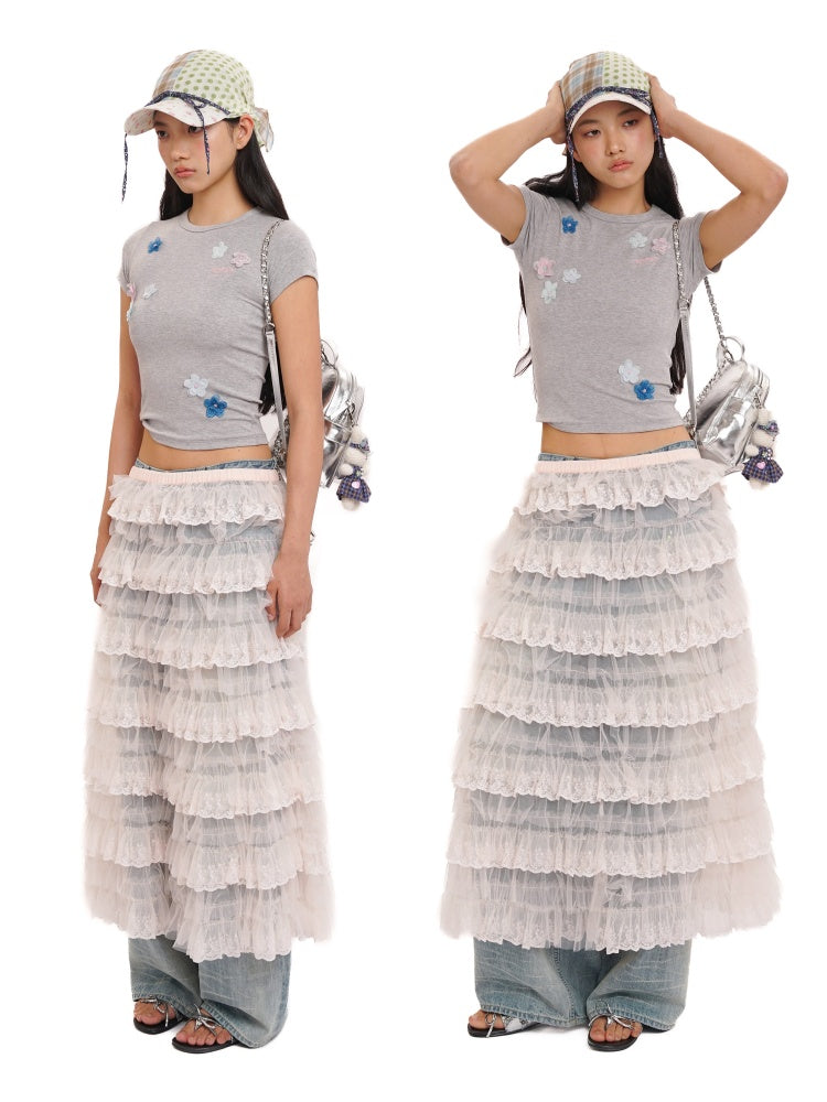 Hand Beaded Irregular Flowers Slim Fit Short Sleeve T-Shirt【s0000012730】