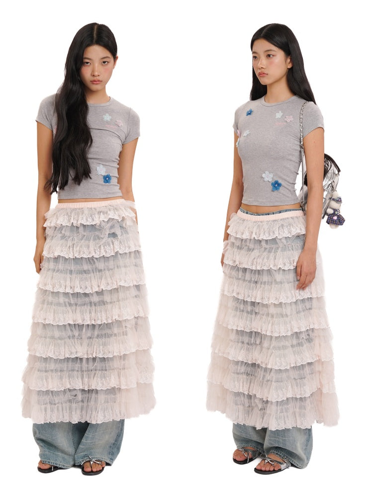 Hand Beaded Irregular Flowers Slim Fit Short Sleeve T-Shirt【s0000012730】