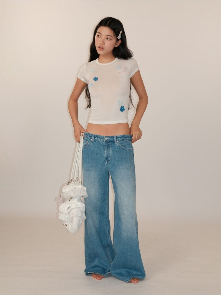 Hand Beaded Irregular Flowers Slim Fit Short Sleeve T-Shirt【s0000012730】
