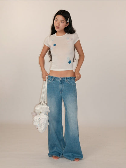 Hand Beaded Irregular Flowers Slim Fit Short Sleeve T-Shirt【s0000012730】