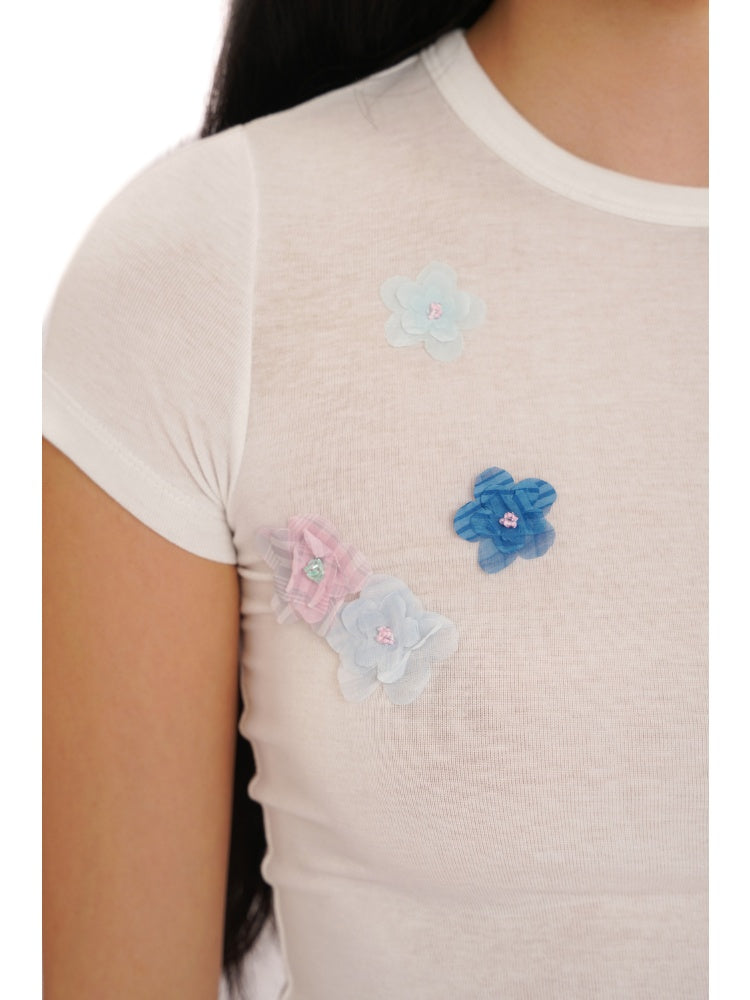 Hand Beaded Irregular Flowers Slim Fit Short Sleeve T-Shirt【s0000012730】