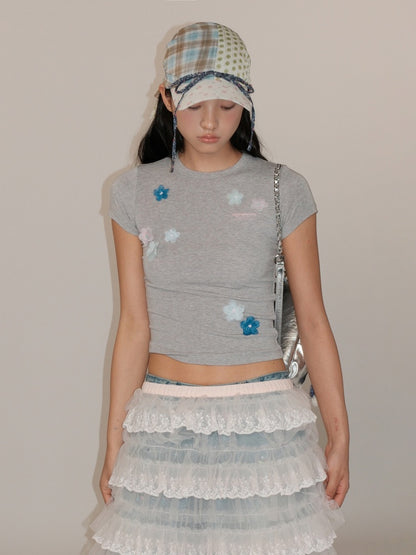 Hand Beaded Irregular Flowers Slim Fit Short Sleeve T-Shirt【s0000012730】