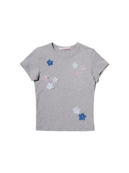 Hand Beaded Irregular Flowers Slim Fit Short Sleeve T-Shirt【s0000012730】