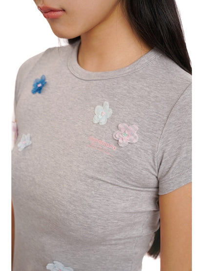 Hand Beaded Irregular Flowers Slim Fit Short Sleeve T-Shirt【s0000012730】