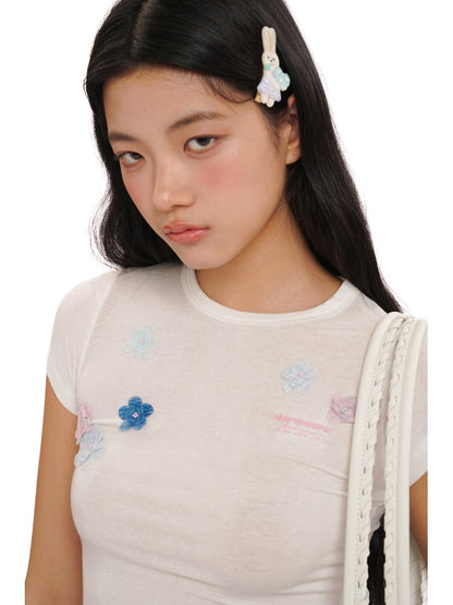 Hand Beaded Irregular Flowers Slim Fit Short Sleeve T-Shirt【s0000012730】