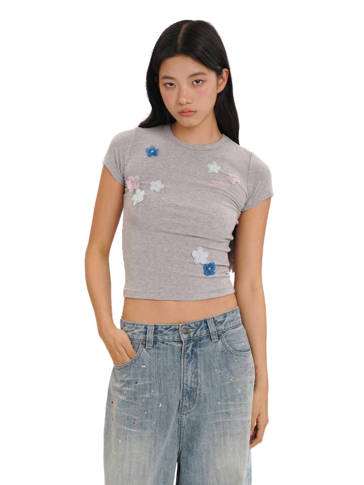 Hand Beaded Irregular Flowers Slim Fit Short Sleeve T-Shirt【s0000012730】