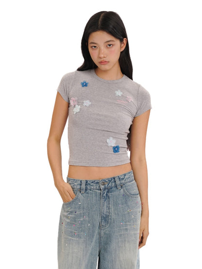 Hand Beaded Irregular Flowers Slim Fit Short Sleeve T-Shirt【s0000012730】