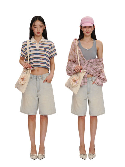 Summer Refreshing Vintage Distressed Creased Loose Denim Pants Half/Long【s0000012731】