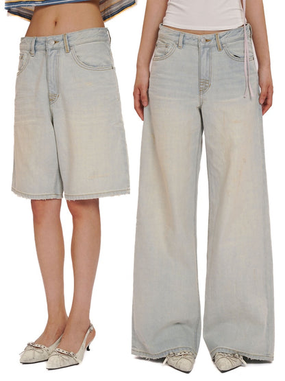 Summer Refreshing Vintage Distressed Creased Loose Denim Pants Half/Long【s0000012731】