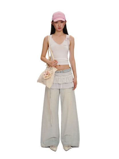 Summer Refreshing Vintage Distressed Creased Loose Denim Pants Half/Long【s0000012731】