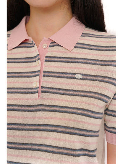Summer Breathable Dry Contrast Panel Striped Polo Neck Short Sleeve Knit Tops【s0000012732】