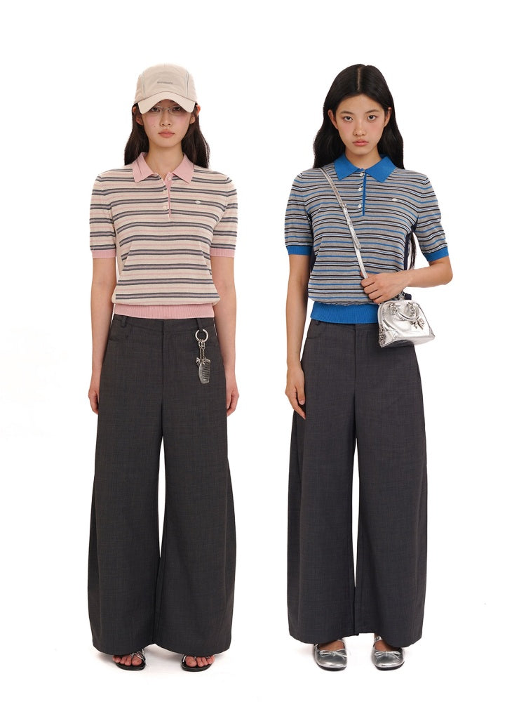 Summer Breathable Dry Contrast Panel Striped Polo Neck Short Sleeve Knit Tops【s0000012732】