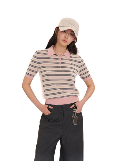 Summer Breathable Dry Contrast Panel Striped Polo Neck Short Sleeve Knit Tops【s0000012732】