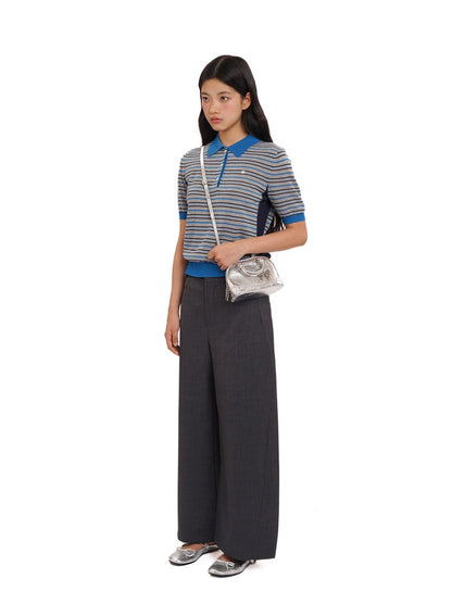 Summer Breathable Dry Contrast Panel Striped Polo Neck Short Sleeve Knit Tops【s0000012732】