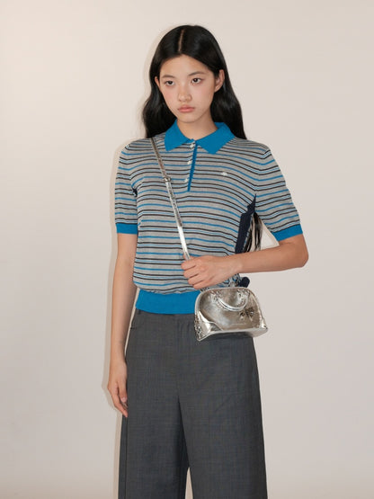 Summer Breathable Dry Contrast Panel Striped Polo Neck Short Sleeve Knit Tops【s0000012732】