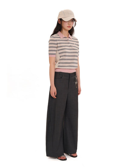 Summer Breathable Dry Contrast Panel Striped Polo Neck Short Sleeve Knit Tops【s0000012732】