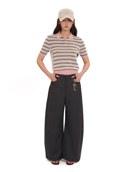 Summer Breathable Dry Contrast Panel Striped Polo Neck Short Sleeve Knit Tops【s0000012732】