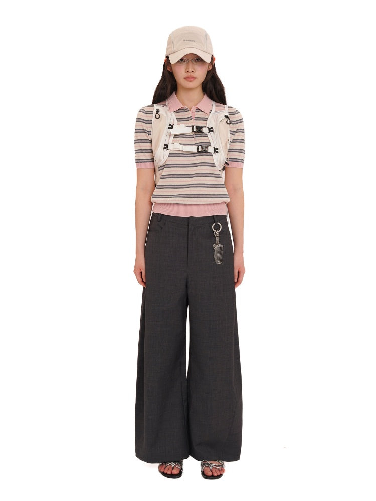 Summer Breathable Dry Contrast Panel Striped Polo Neck Short Sleeve Knit Tops【s0000012732】