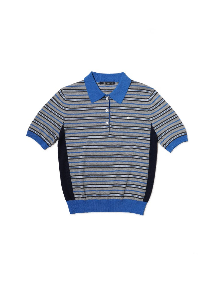 Summer Breathable Dry Contrast Panel Striped Polo Neck Short Sleeve Knit Tops【s0000012732】
