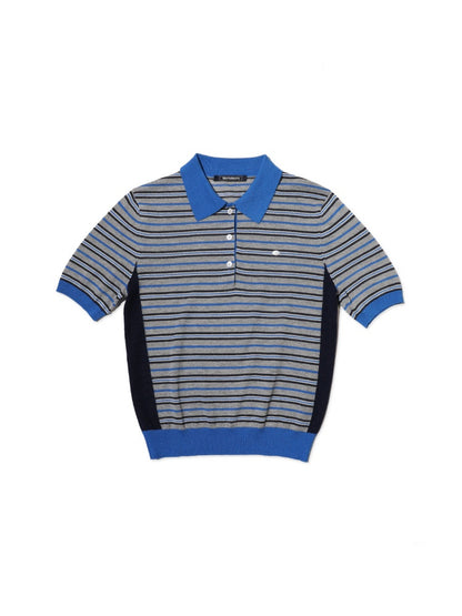 Summer Breathable Dry Contrast Panel Striped Polo Neck Short Sleeve Knit Tops【s0000012732】