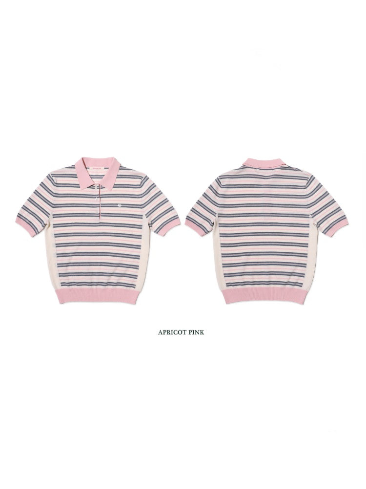 Summer Breathable Dry Contrast Panel Striped Polo Neck Short Sleeve Knit Tops【s0000012732】