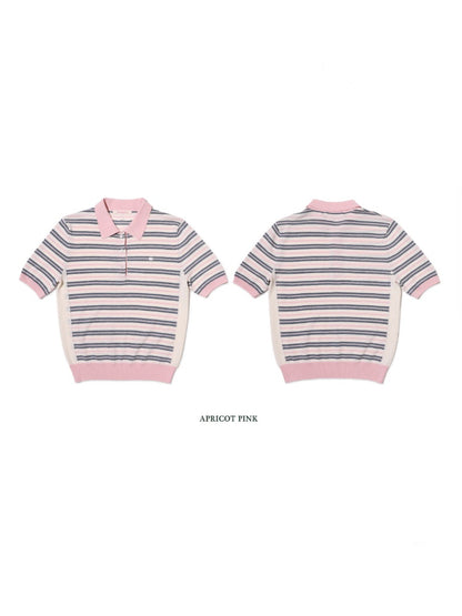Summer Breathable Dry Contrast Panel Striped Polo Neck Short Sleeve Knit Tops【s0000012732】