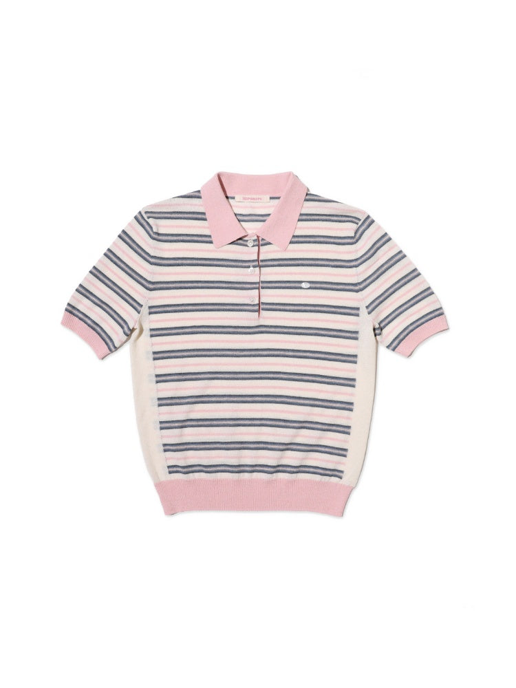 Summer Breathable Dry Contrast Panel Striped Polo Neck Short Sleeve Knit Tops【s0000012732】