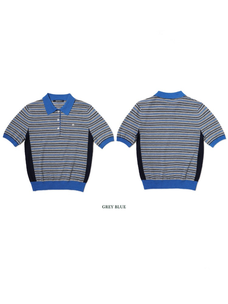 Summer Breathable Dry Contrast Panel Striped Polo Neck Short Sleeve Knit Tops【s0000012732】