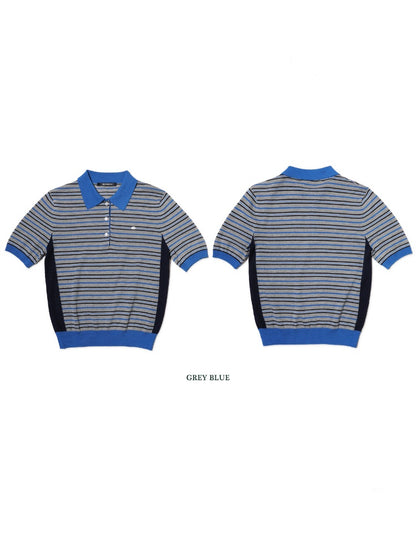 Summer Breathable Dry Contrast Panel Striped Polo Neck Short Sleeve Knit Tops【s0000012732】