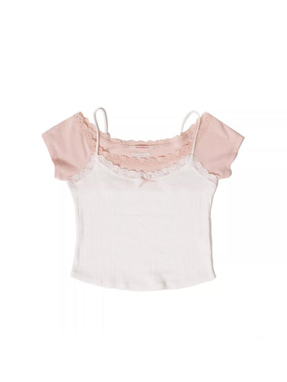 Faux Two-Piece Layered Double Lace Cute Short Sleeve T-Shirt【s0000012733】
