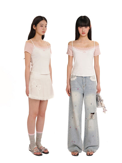 Faux Two-Piece Layered Double Lace Cute Short Sleeve T-Shirt【s0000012733】