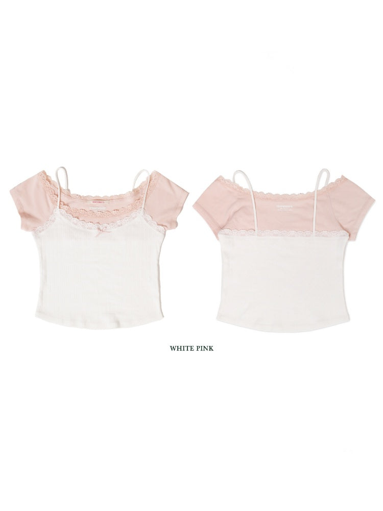 Faux Two-Piece Layered Double Lace Cute Short Sleeve T-Shirt【s0000012733】