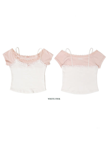 Faux Two-Piece Layered Double Lace Cute Short Sleeve T-Shirt【s0000012733】