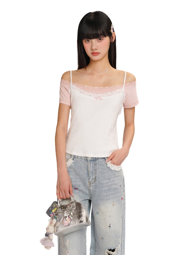 Faux Two-Piece Layered Double Lace Cute Short Sleeve T-Shirt【s0000012733】