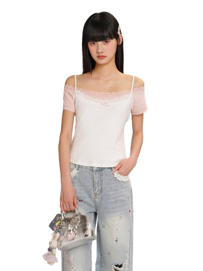 Faux Two-Piece Layered Double Lace Cute Short Sleeve T-Shirt【s0000012733】