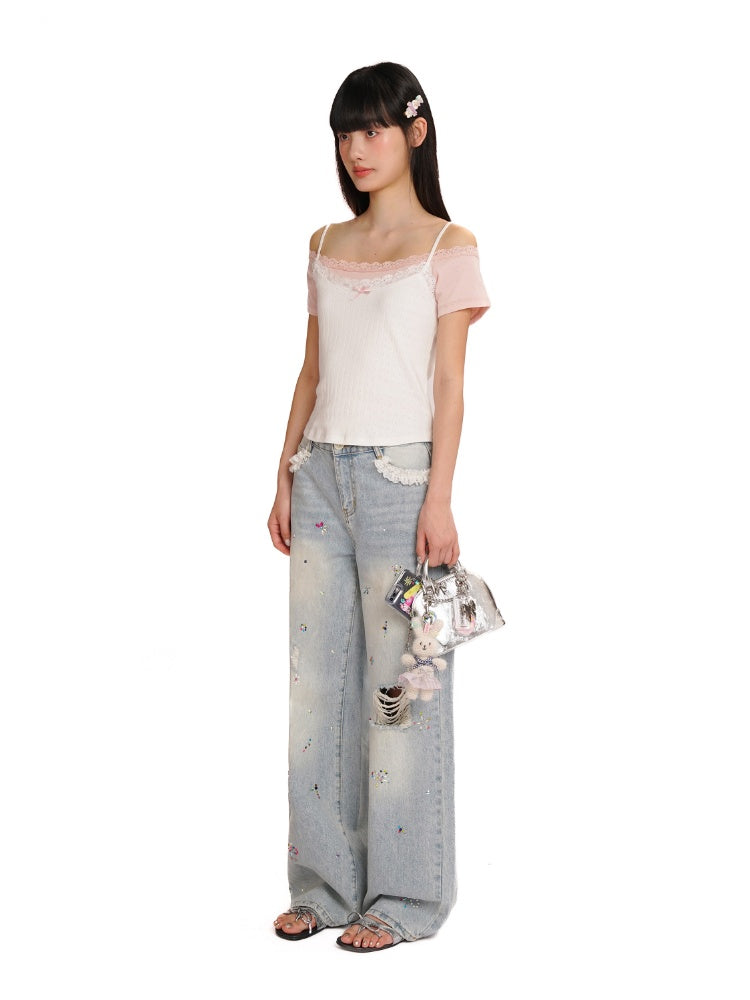 Faux Two-Piece Layered Double Lace Cute Short Sleeve T-Shirt【s0000012733】