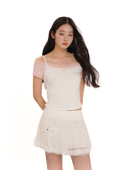 Faux Two-Piece Layered Double Lace Cute Short Sleeve T-Shirt【s0000012733】