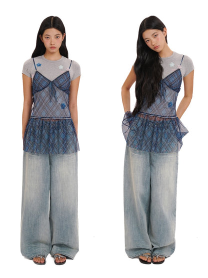 Colorful Bijou Back Ribbon Embroidery Vintage Denim Trousers Short/Long【s0000012734】