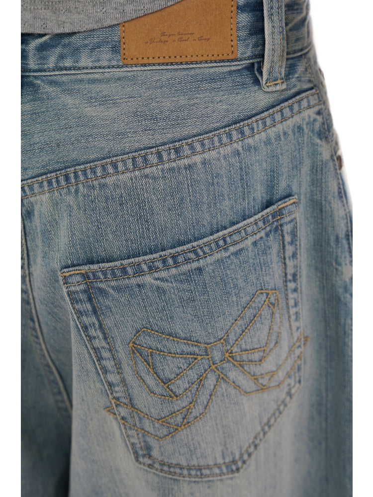 Colorful Bijou Back Ribbon Embroidery Vintage Denim Trousers Short/Long【s0000012734】