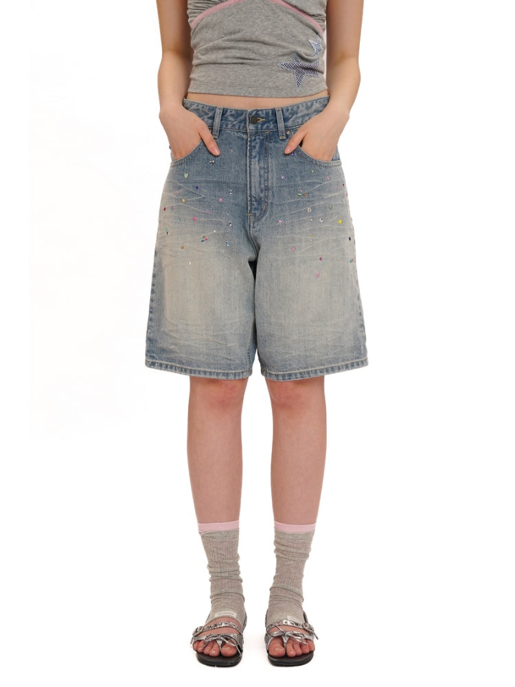 Colorful Bijou Back Ribbon Embroidery Vintage Denim Trousers Short/Long【s0000012734】