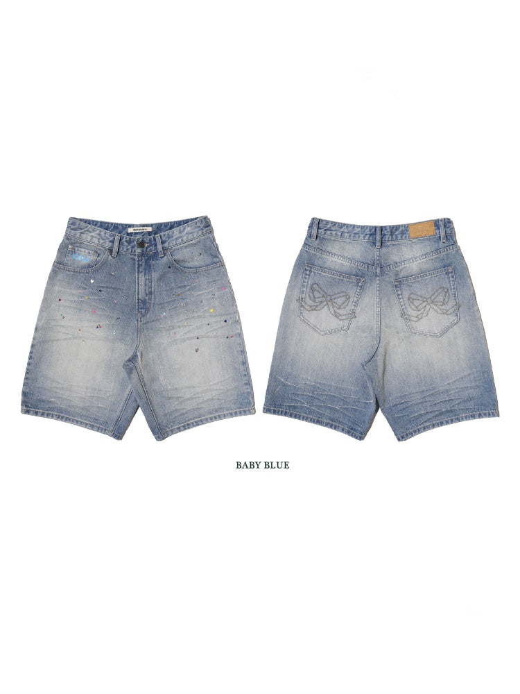 Colorful Bijou Back Ribbon Embroidery Vintage Denim Trousers Short/Long【s0000012734】