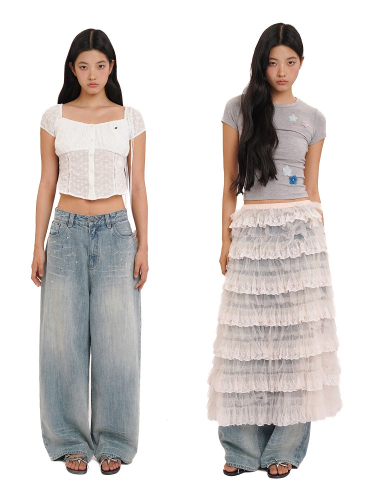 Colorful Bijou Back Ribbon Embroidery Vintage Denim Trousers Short/Long【s0000012734】