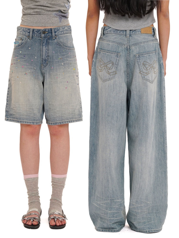 Colorful Bijou Back Ribbon Embroidery Vintage Denim Trousers Short/Long【s0000012734】