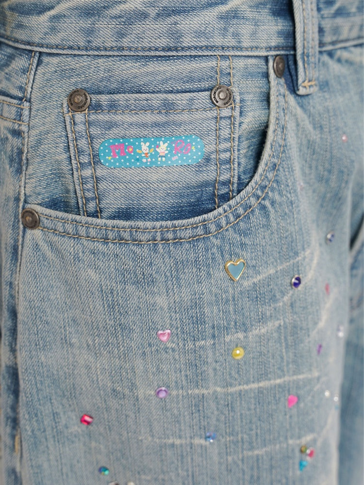 Colorful Bijou Back Ribbon Embroidery Vintage Denim Trousers Short/Long【s0000012734】