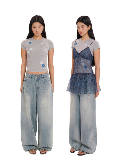 Colorful Bijou Back Ribbon Embroidery Vintage Denim Trousers Short/Long【s0000012734】