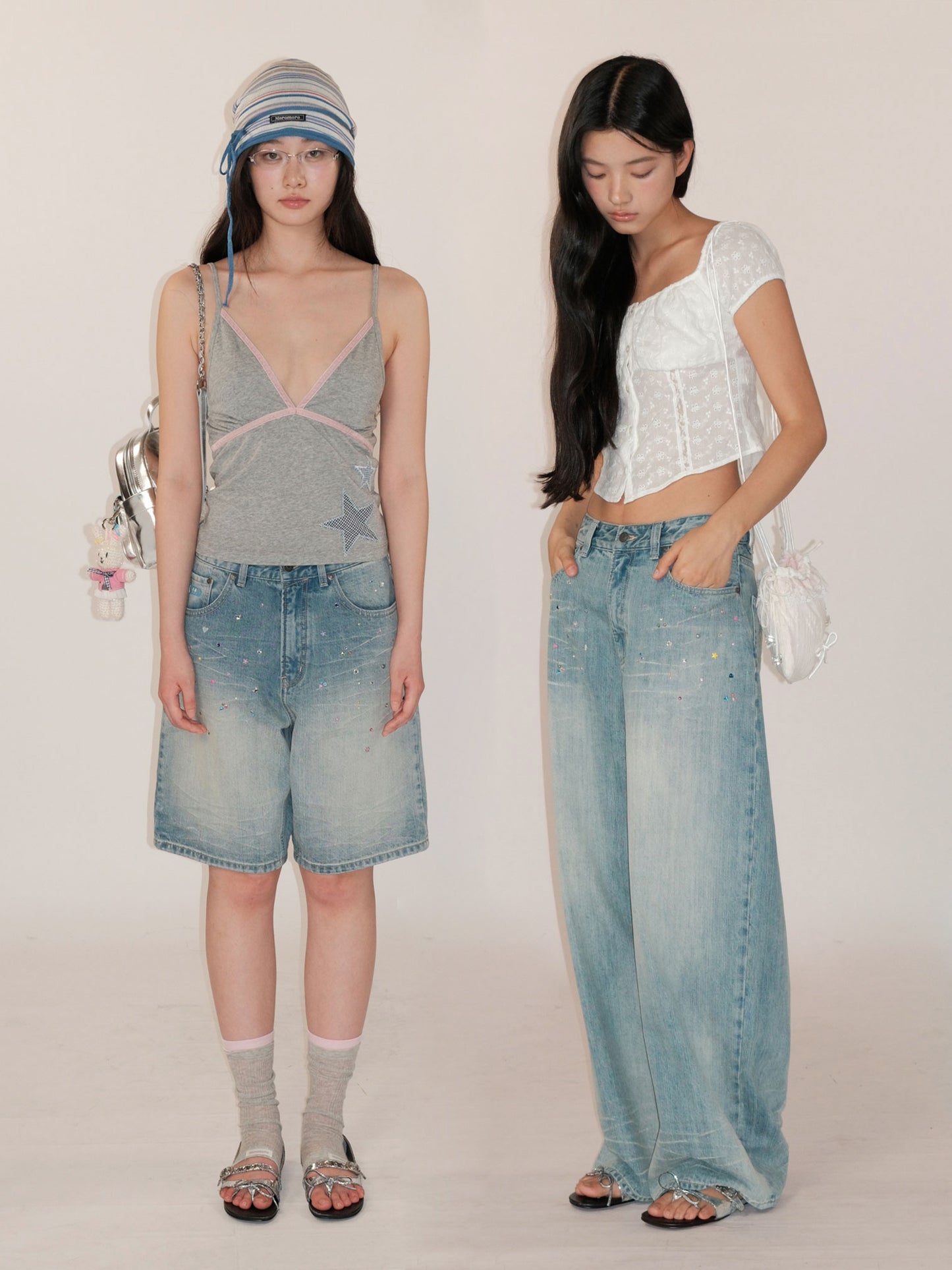 Colorful Bijou Back Ribbon Embroidery Vintage Denim Trousers Short/Long【s0000012734】