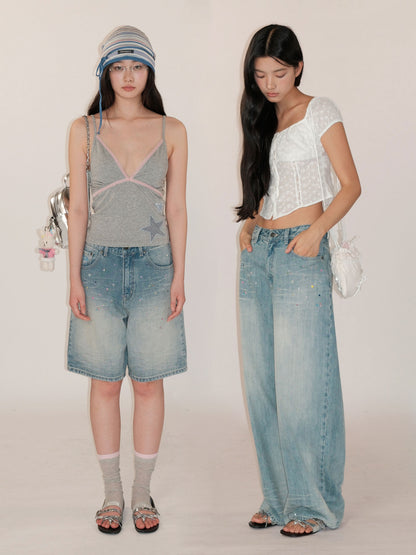 Colorful Bijou Back Ribbon Embroidery Vintage Denim Trousers Short/Long【s0000012734】