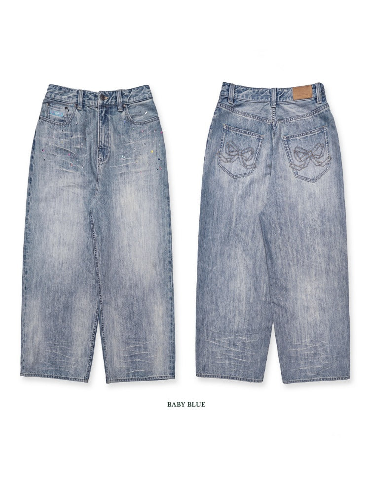 Colorful Bijou Back Ribbon Embroidery Vintage Denim Trousers Short/Long【s0000012734】
