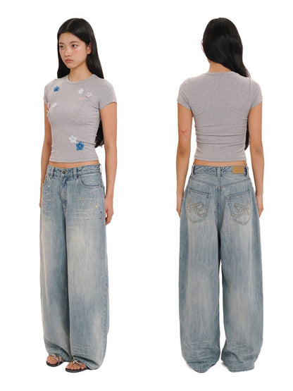 Colorful Bijou Back Ribbon Embroidery Vintage Denim Trousers Short/Long【s0000012734】