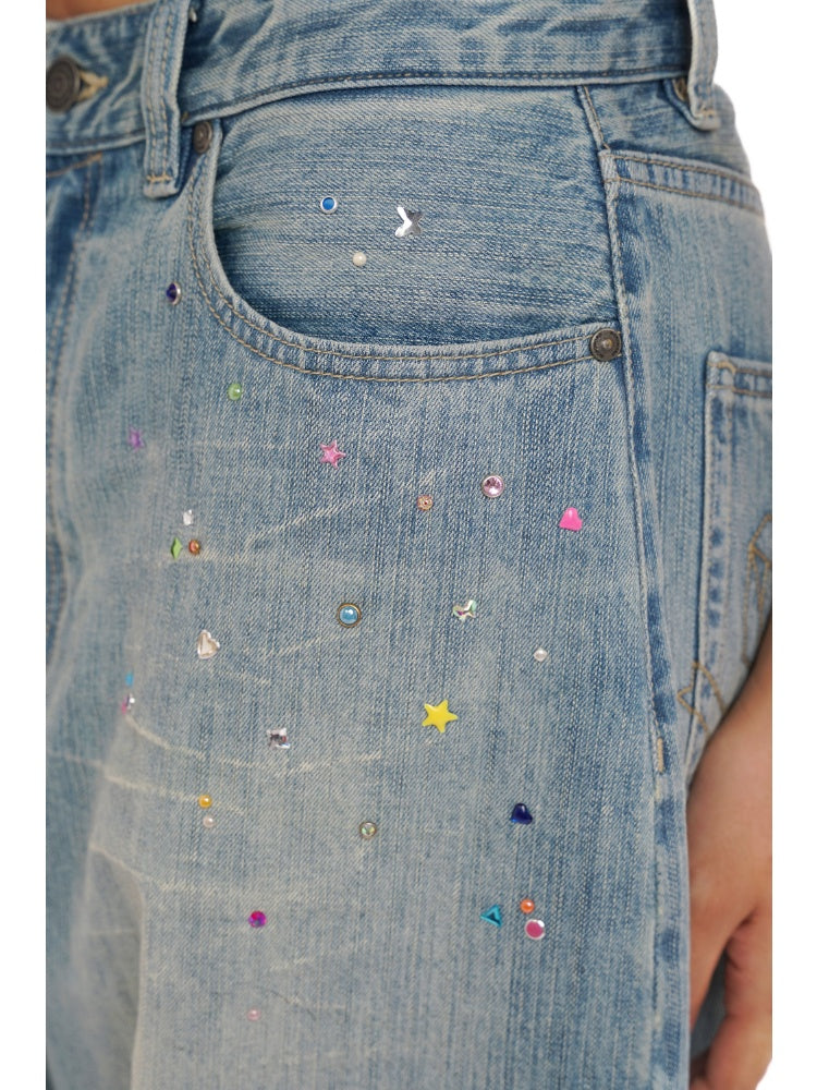 Colorful Bijou Back Ribbon Embroidery Vintage Denim Trousers Short/Long【s0000012734】